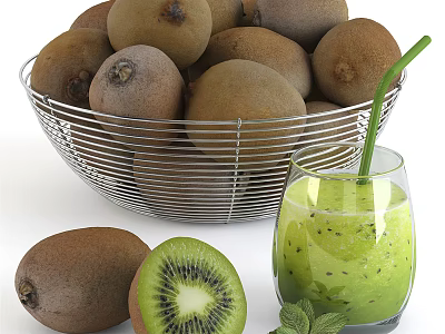 Fresh Kiwi Fruits in Metal Basket with Sliced Kiwi and Green Juice with Mint Leaves 3d model