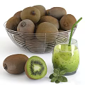 Fresh Kiwi Fruits in Metal Basket with Sliced Kiwi and Green Juice with Mint Leaves