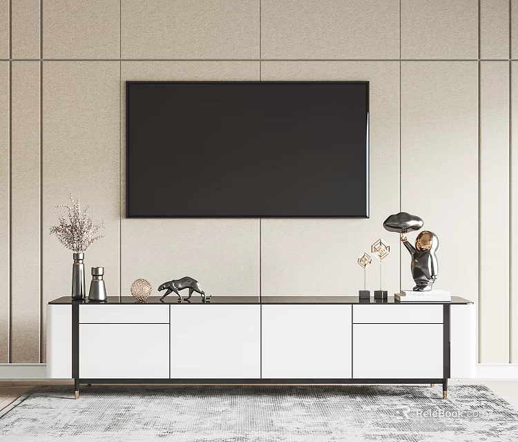 Modern White and Black TV Stand with Decorative Items and Wall-Mounted TV 3d model 