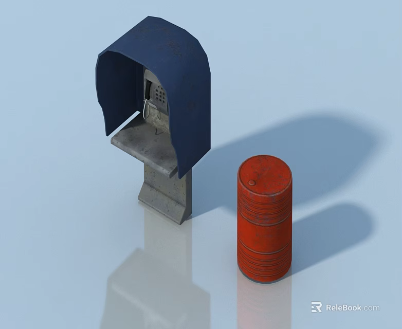 Blue Pet Cabinet With Roof And Metal Structure Next To Red Barrel 3d model 
