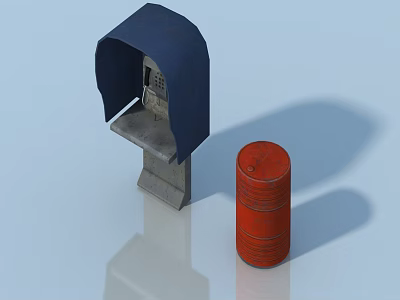 Blue Pet Cabinet With Roof And Metal Structure Next To Red Barrel 3d model
