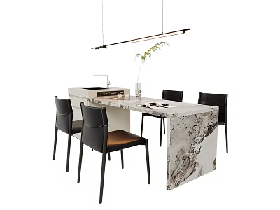 Modern Dining Table Set with Marble Top Black Frame Chairs and Hanging Pendant Light 3d model