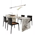 Modern Dining Table Set with Marble Top Black Frame Chairs and Hanging Pendant Light 3d model