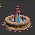 Ornate Stone Fountain With Circular Base Blue Water Flow And Yellow Accents