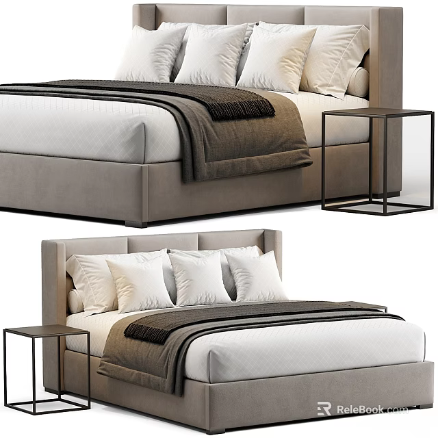 Modern Upholstered Double Bed With White Pillows Dark Blanket And Black Nightstands 3d model 