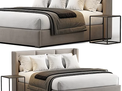 Modern Upholstered Double Bed With White Pillows Dark Blanket And Black Nightstands 3d model