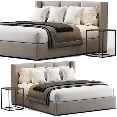 Modern Upholstered Double Bed With White Pillows Dark Blanket And Black Nightstands 3d model