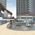Urban Commercial Complex Featuring Tall Glass Buildings Low Rise Structures Plaza Greenery And Walkways