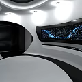 Futuristic Modern Interior Space With White Pillars Black Curved Ceiling And Blue Digital Screens