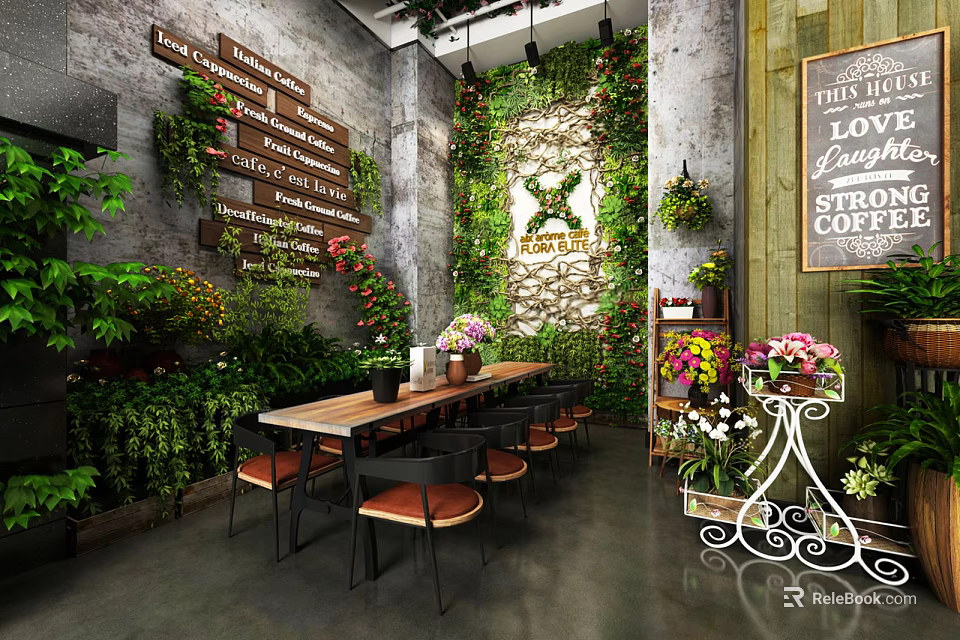 Charming Café Interior With Green Wall Wooden Tables Chalkboard Menu And Flowers 3d model 