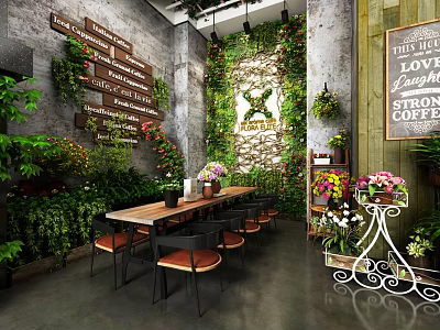 Charming Café Interior With Green Wall Wooden Tables Chalkboard Menu And Flowers 3d model