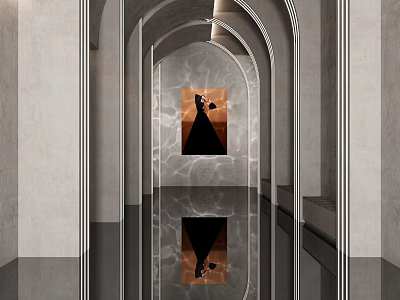 Modern Elevator Hallway Featuring Arched Structure Reflective Floor And Decorative Painting 3d model