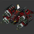 Red Mechanical Spacecraft With Multiple Thrusters And Structural Components For Space Exploration