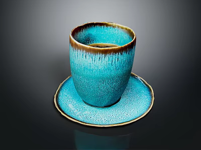Turquoise Ceramic Cup With Brown Rim And Matching Textured Saucer On Black Surface 3d model