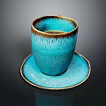 Turquoise Ceramic Cup With Brown Rim And Matching Textured Saucer On Black Surface