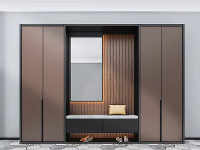Modern Shoe Cabinet With Brown Doors Wooden Panel Mirror And Bench With Yellow Cushion 3d model