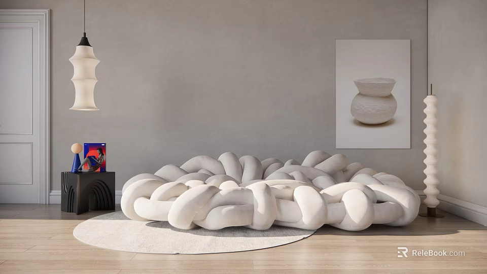 White Knitted Sectional Sofa with Gray Wall Painting Round Light Colored Rug and Pendant Light 3d model 