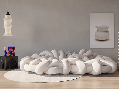 White Knitted Sectional Sofa with Gray Wall Painting Round Light Colored Rug and Pendant Light 3d model