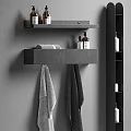 Organized Bathroom Accessories With Black Wall Shelves Towels And Toiletries Bottles