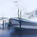 Modern Building Exterior Wall With Curved Design And Wooden Panels Glass Elements Grass And Pool