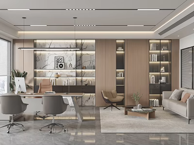 Modern Office Interior Design With Desk Chairs Bookshelves Sofa Lighting And Decorative Plants 3d model