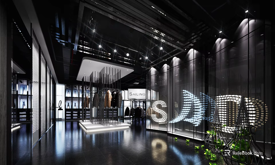 Stylish Clothing Store Interior With Modern Display Racks And Fashionable Apparel Lighting 3d model 