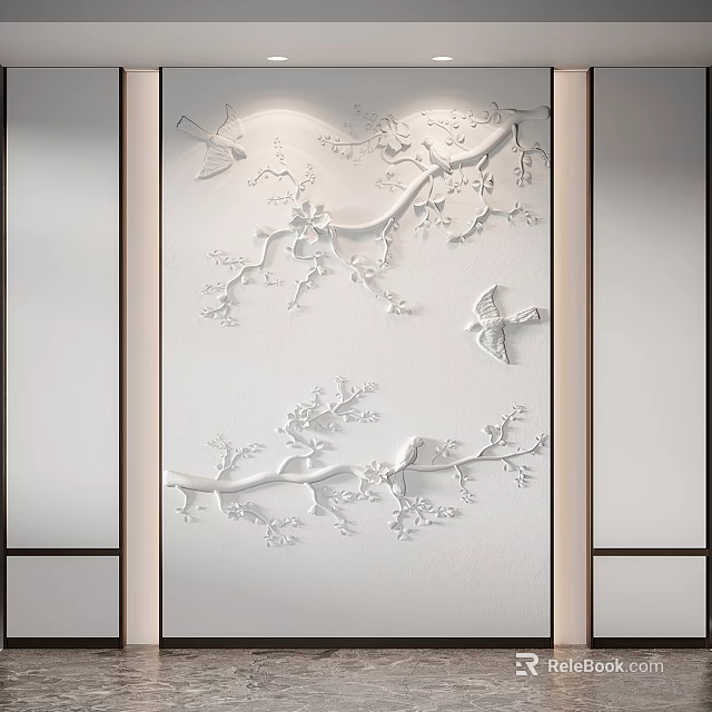 White Modern Decorative Wall Featuring 3D Branch Flower And Butterfly Relief Design 3d model 