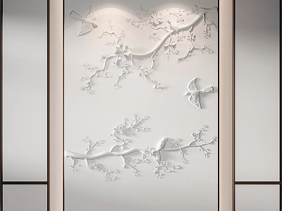 White Modern Decorative Wall Featuring 3D Branch Flower And Butterfly Relief Design 3d model