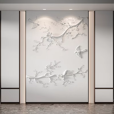 White Modern Decorative Wall Featuring 3D Branch Flower And Butterfly Relief Design 3d model