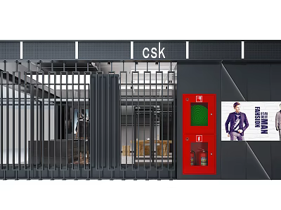 CSK Clothing Store Exterior With Roll Up Shutters Red Door And Men's Suits Billboard 3d model