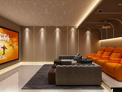 Modern Home Theater Room With Star Ceiling Large Screen Comfortable Recliner Seats And Ambient Lighting 3d model