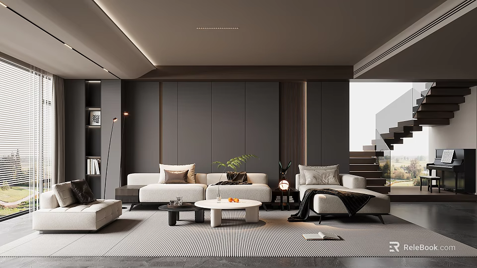 Modern Living Room Interior With Light Sofas Dark Gray Walls And Floor To Ceiling Window 3d model 