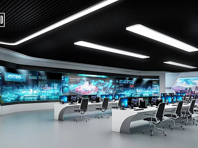 Modern Monitoring Room Interior Design With Large Screens Multiple Workstations And Computers 3d model