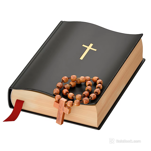 Black Cover Christian Book With Golden Cross Wooden Rosary Beads And Red Bookmark 3d model 