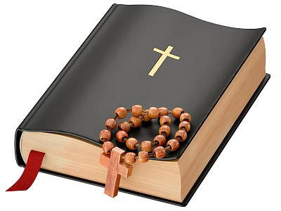 Black Cover Christian Book With Golden Cross Wooden Rosary Beads And Red Bookmark 3d model