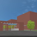 Modern Red Brick Building Entrance Gate With Green Trees And Blue Sky