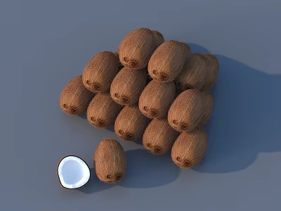 Pile of Brown Coconuts With One Cut Open Showing White Flesh Inside 3d model