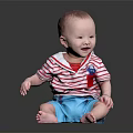 Cute Baby Sitting On Black Reflective Surface Wearing Red White Striped Shirt Blue Shorts Smiling