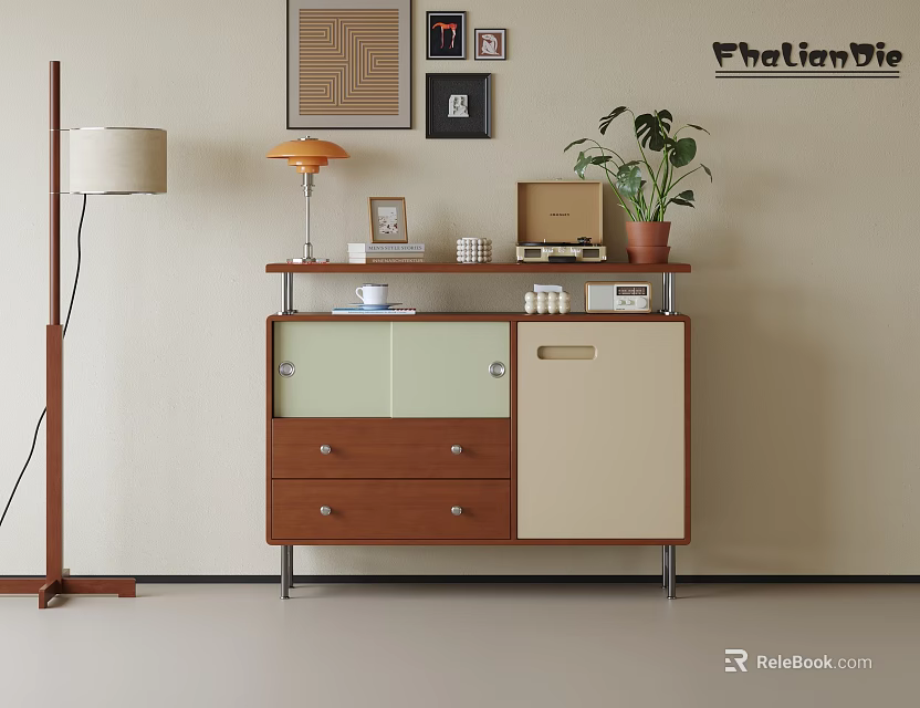 Modern Wooden Entryway Console Cabinet With Drawers Doors And Potted Plant On Top 3d model 
