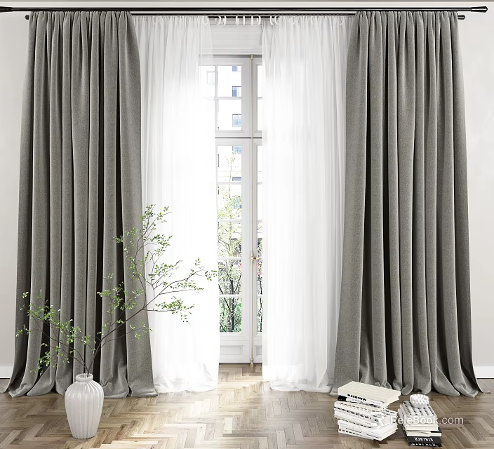 Gray Curtains With White Sheer Panels In Bright Interior And Wooden Floor 3d model 
