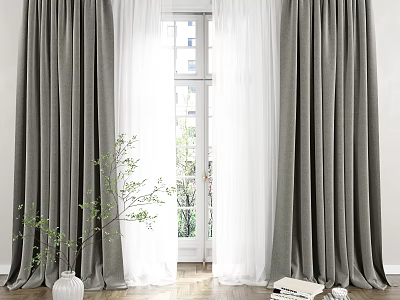 Gray Curtains With White Sheer Panels In Bright Interior And Wooden Floor 3d model