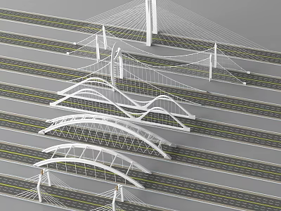 Modern White Bridges With Various Architectural Designs Over Multiple Roads 3d model