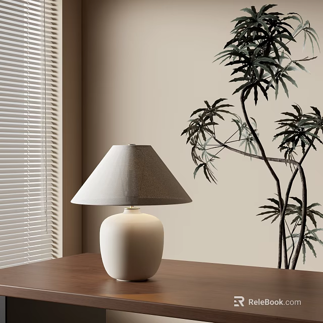 Table Lamp With White Base And Gray Shade In Room With Plant And Window Blinds 3d model 