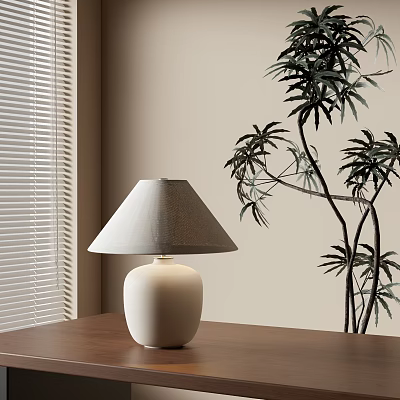 Table Lamp With White Base And Gray Shade In Room With Plant And Window Blinds 3d model