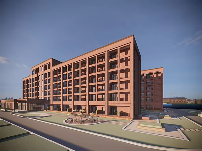 Red Brick Modern Hotel Building With Multi Story Design Large Windows And Front Plaza Greenery 3d model