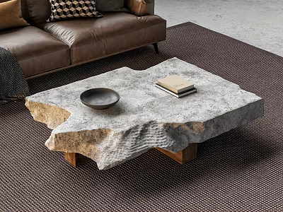 Natural Stone Coffee Table with Irregular Shape and Wooden Base in Living Room 3d model