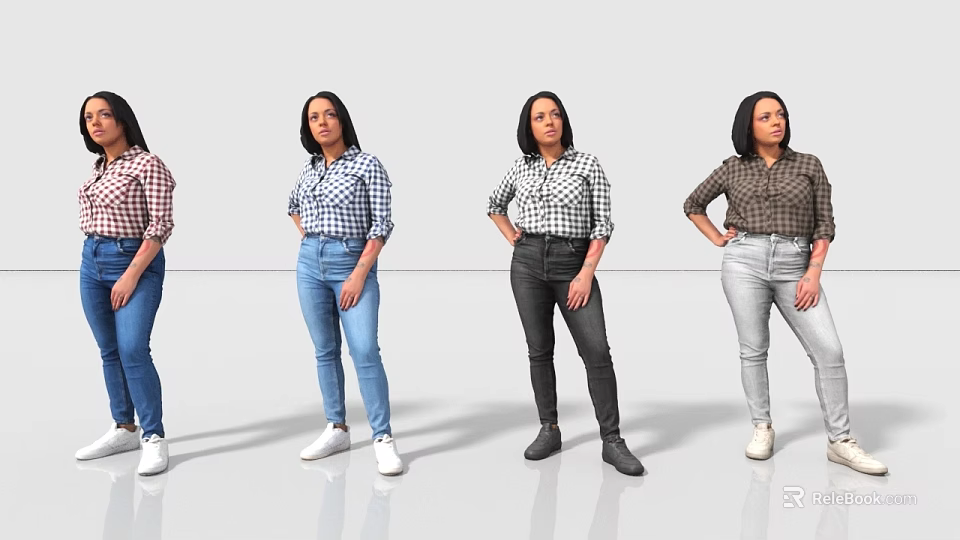 Women In Plaid Shirts Colored Jeans And White Shoes Standing In Various Poses 3d model 