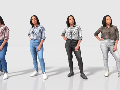 Women In Plaid Shirts Colored Jeans And White Shoes Standing In Various Poses 3d model