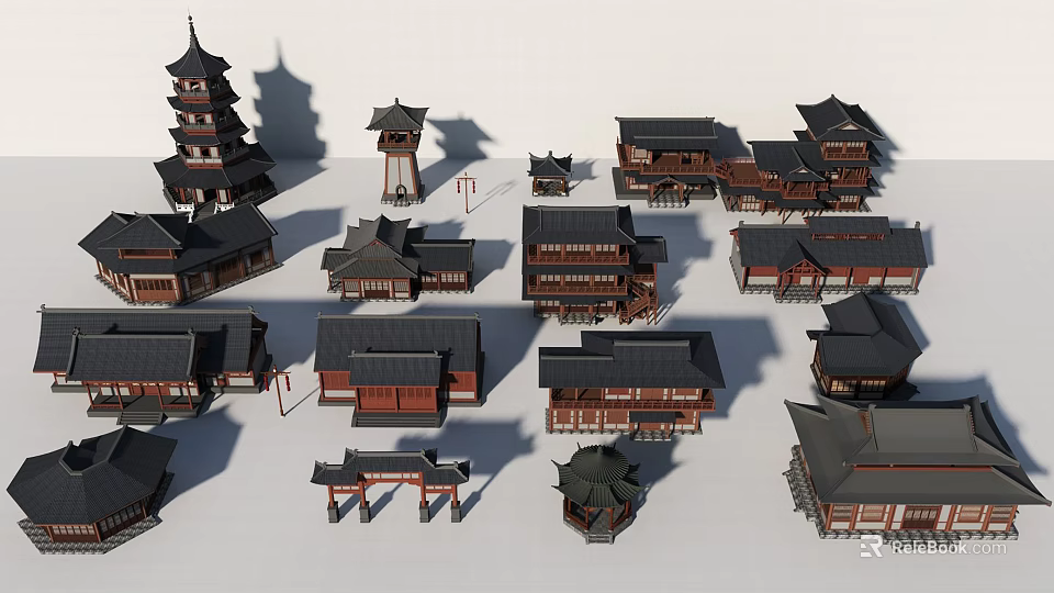 Traditional Chinese Ancient Architecture Collection With Various Classic Building Structures And Roof Designs 3d model 