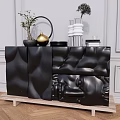 Black Wavy Textured Entryway Cabinet Sideboard With Decorative Plants Gold Ornaments And White Wall